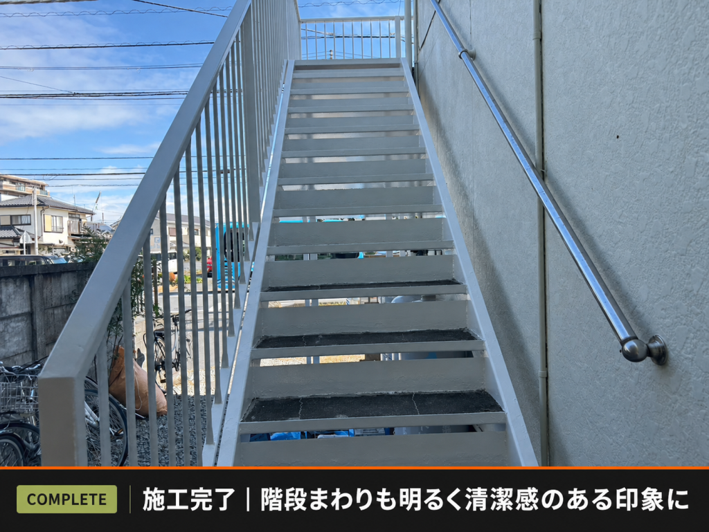 鉄骨塗装完了後の白い外階段